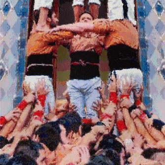 Römer + Römer, Castellers en el Casa Batlló de Antonio Gaudí, 2022, Öl auf Leinwand, 240 x 80 cm