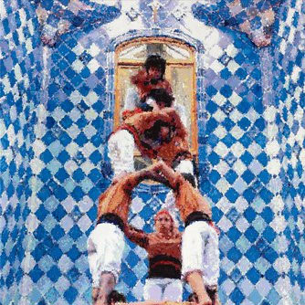 Römer + Römer, Castellers en el Casa Batlló de Antonio Gaudí, 2022, Öl auf Leinwand, 240 x 80 cm