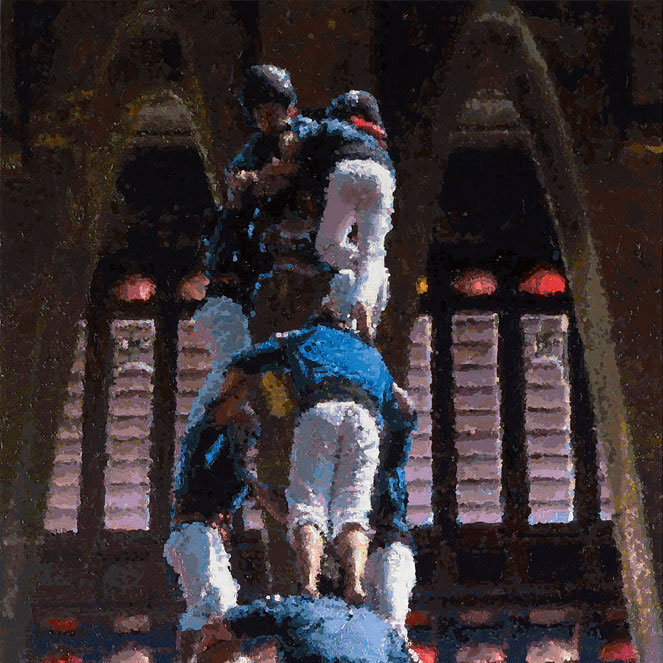 Römer + Römer, Castellers en el Palau Güell de Antonio Gaudí, 2022, Öl auf Leinwand, 240 x 80 cm