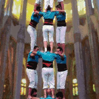 Römer + Römer, Castellers en la iglesia de Sagrada de Familia de Antonio Gaudí 2, 2022, Öl auf Leinwand, 240 x 80 cm