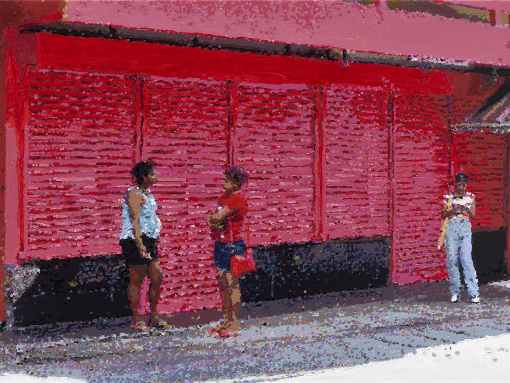 Römer + Römer, Vor dem roten Haus in Mahebourg, 2023, Öl auf Leinwand, 70 x 105 cm