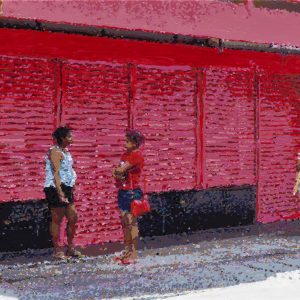 Römer + Römer, Vor dem roten Haus in Mahebourg, 2023, Öl auf Leinwand, 70 x 105 cm
