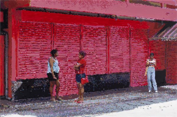Römer + Römer, Vor dem roten Haus in Mahebourg, 2023, Öl auf Leinwand, 70 x 105 cm
