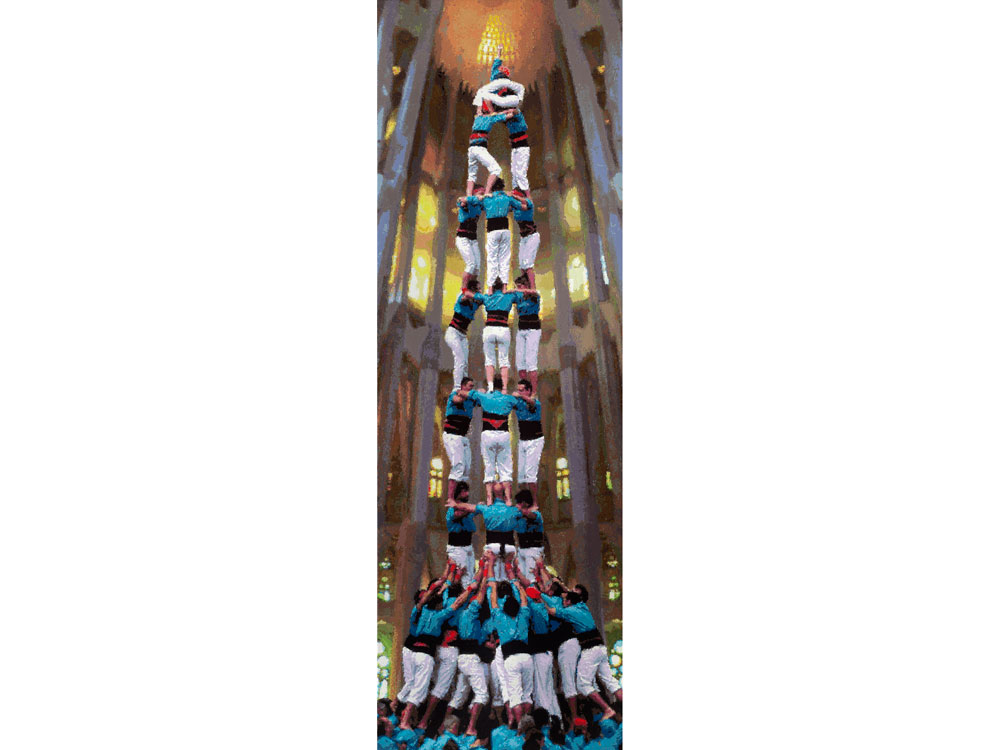 Römer + Römer, Castellers en la iglesia de Sagrada de Familia de Antonio Gaudí 1, 2022, Öl auf Leinwand, 240 x 80 cm