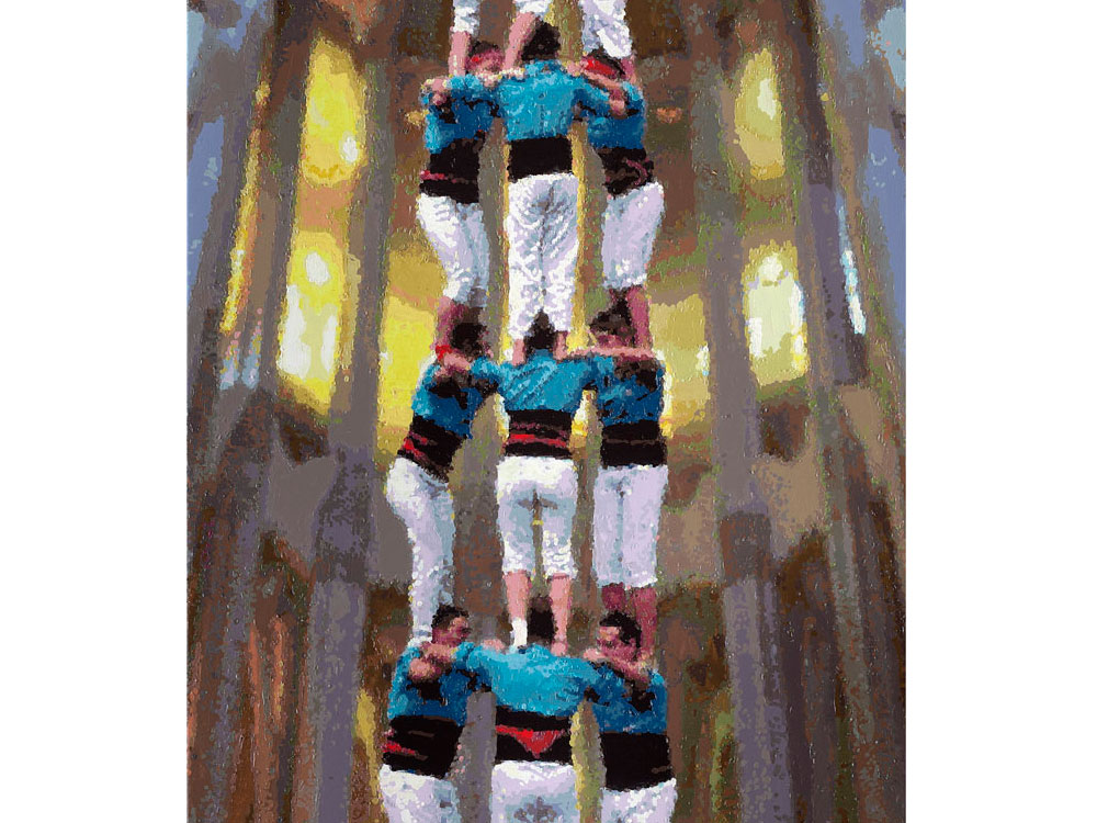Römer + Römer, Castellers en la iglesia de Sagrada de Familia de Antonio Gaudí 1, 2022, Öl auf Leinwand, 240 x 80 cm